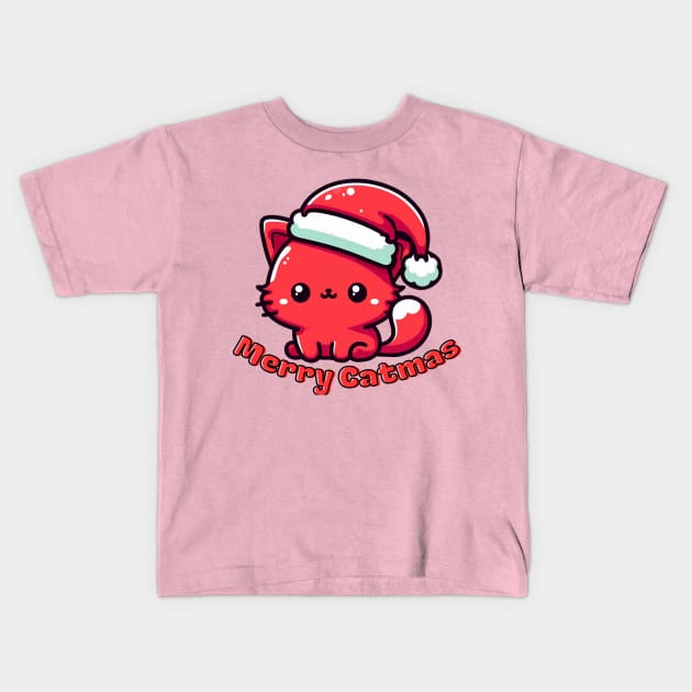 Red catmas Christmas cat Kids T-Shirt by Japanese Fever